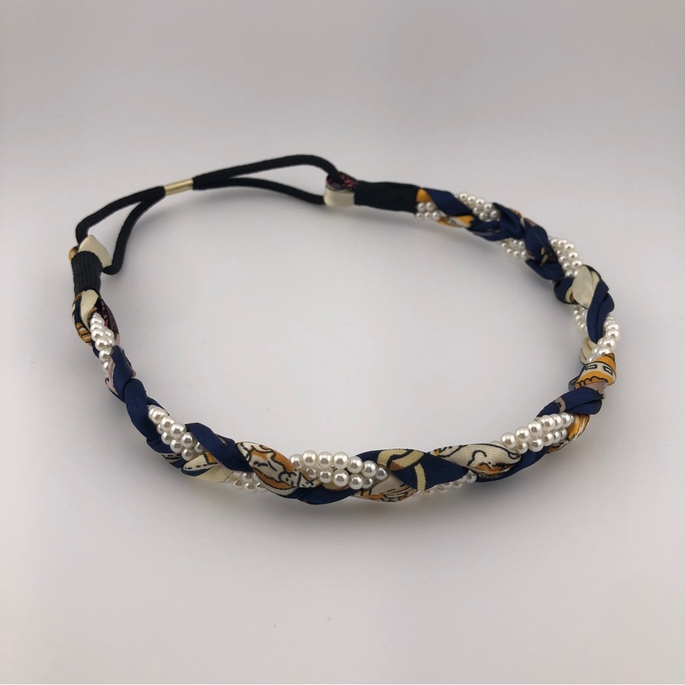 Faux Pearl and Fabric Braided Headband, New, Handmade - Dark Blue